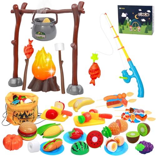 Kids Camping Toys, Mitcien Camping Set Include Pretend Campfire Play Food Fruits & Vegetables Hamburger Magnetic Fishing Toy Toddler Outdoor Adventure Educational Toys for Kids Age 3 4 5 6 + Years Old