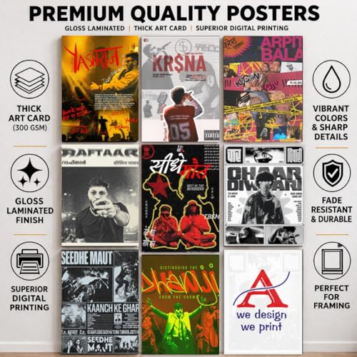 Image of ADIGRAFIX Set of 8 Aesthetic DHH A4 Posters - Seedhe Maut, Chaar Diwari, Krsna, Yashraj, Dhanji, Raftaar, Arpit Bala - Premium Wall Art Prints 9x12 Inches - Decor for Home, Bedroom, Studio, Office - Unframed
