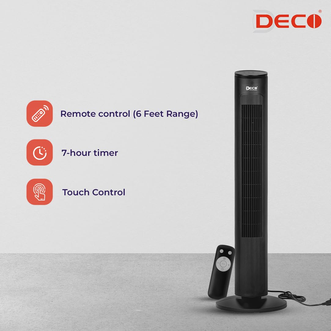 DECO Cruiser Indoor Tower Fan with Touch Remote (Black, 40 W) | 3 Wind Modes, 3 Speed Settings | Internal Oscillation, Large 1