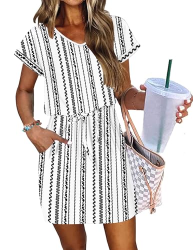 Image of AUSELILY Womens Summer Mini Dress, Short Sleeve V Neck Drawstring Casual | Soft smooth drape with an adjustable drawstring waist for beach, casual outings and daily wear
