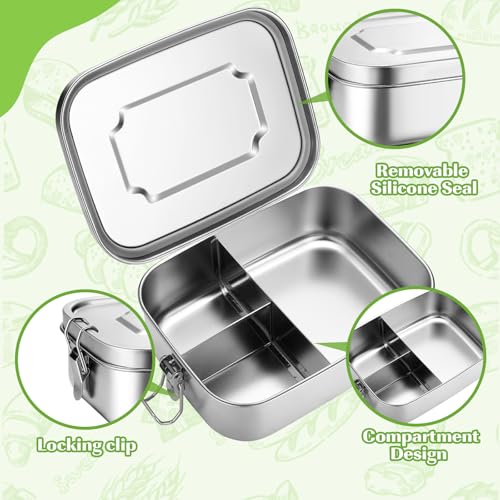 Image of Funnymoom 4 Pcs Stainless Steel Metal Bento 40 oz Leak Proof Metal Lunch Container 3 Compartment Packing Box Sandwich Container Bento Snack Box for Work Travel Adults