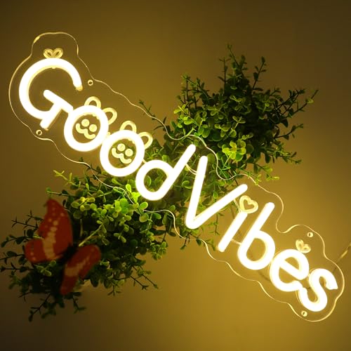 Enuoli Good Vibes Neon Sign for Wall Decor, Cute Cartoon Good Vibes Neon Lights Sign for Wall Decor, USB Operated LED Sign for Bedroom, Party, Bar, Salon - Best Gifts for Birthday, Christmas(Warm White)