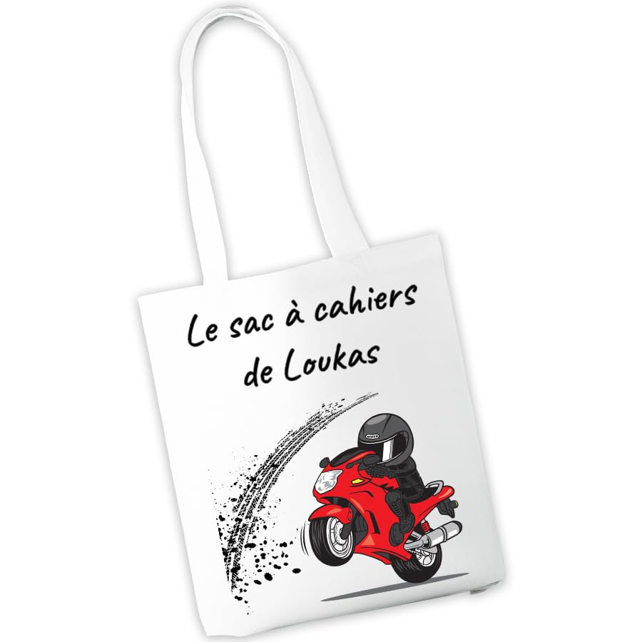 Sac à cahiers personnalisé - Sac de transport pour cahiers et livres d'école ou de bibliothèque - Prénom et motif au choix - Cadeau rentrée scolaire, maternelle, crèche, école (Moto)