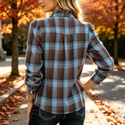 moolBeko Plaid Shirt Women Dressy Casual Long Sleeve Henley Ruffle Top - image 7
