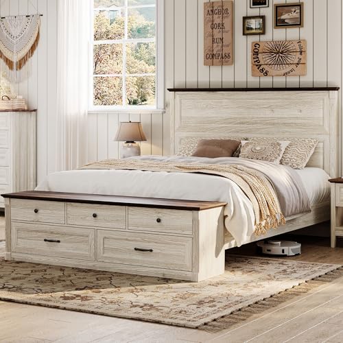 LINSY Storage Bed Frame Queen Bedframe with Drawers, Farmhouse Bed Frame Queen-Size with Headboard and Footboard Bench, Tall Bed Frames Wooden Platform Beds with Storage, No Box Spring, Antique White
