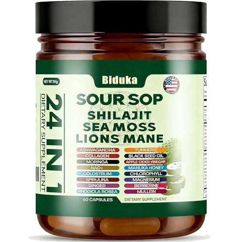 Biduka 24-in-1 Soursop Capsules, Shilajit, Sea Moss, Lions Mane & More,20:1 Extracts with Ashwagandha, Elderberry, Lion’s Mane, Vitamin C, D3 & Magnesium | Daily Wellness Support for Adults, Non-GMO
