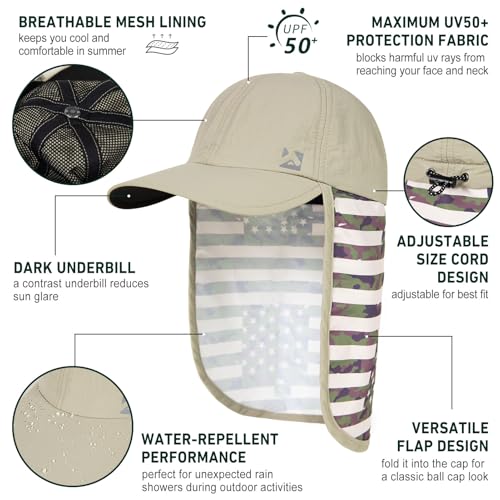 Image of TOP-EX L /XL /XXL UV50+ Waterproof Neck Flap Baseball Sun Cap | Large-head fit; UPF 50+ ear and neck coverage; waterproof shell; adjustable drawcord for fishing, hiking and outdoor work