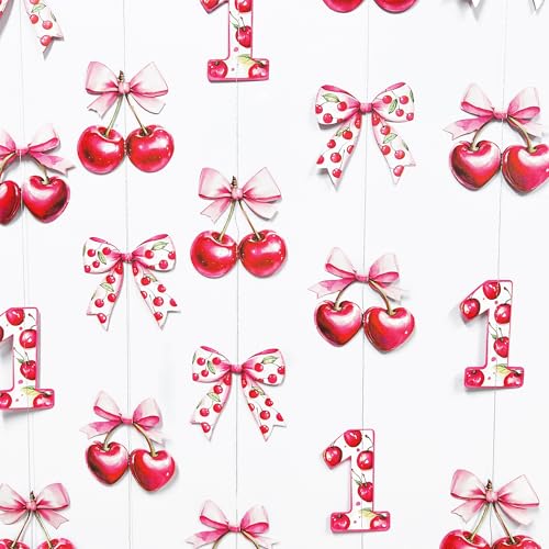 Image of Cherry 1st Birthday Decorations Sweet Floral Cherries Pink Bow Hanging Streamer Garland Banner for Happy First Birthday Baby One Year Bday 1st Wedding Anniversary Party Decorations Supplies
