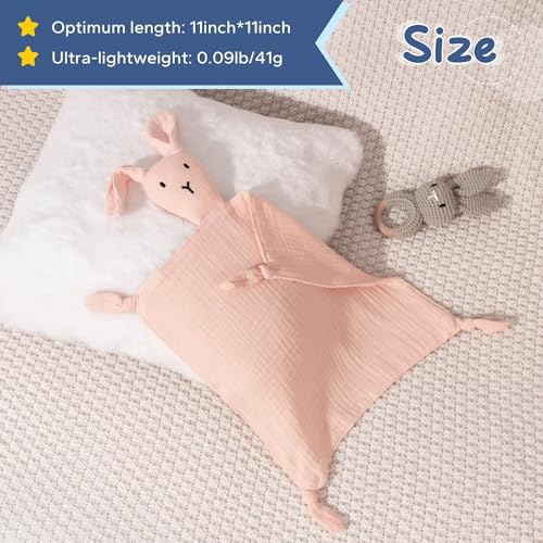 Image of ZIGJOY Bunny Lovey Muslin Cotton Baby Security Blanket Soft Breathable Lovies for Babies Gifts for Newborn Infant Toddler Boys and Girls, Pink