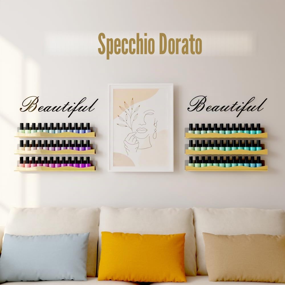 YMVV Organizer da parete per smalti, 38,1 cm, finitura a specchio dorato, per riporre smalti e cosmetici essenziali, espositore multiuso per piccoli spazi, bagno di vanità, confezione da 6