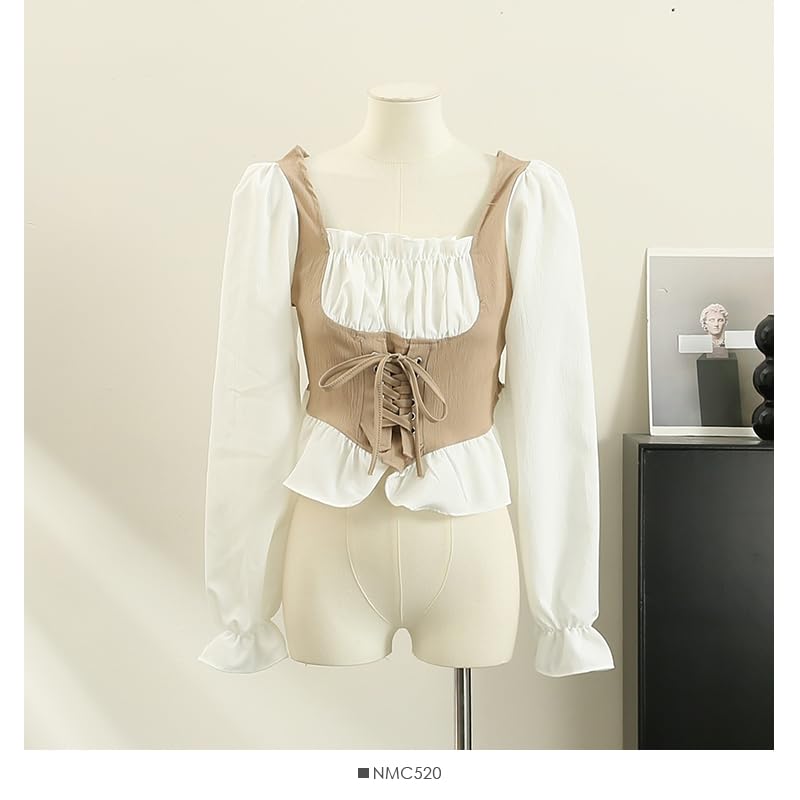 Image of ICW Women French Style Retro Vintage Lace-Up Layered Fake Two-Piece Puff Sleeve Ruffled Crop Blouse Corset Top Dn88