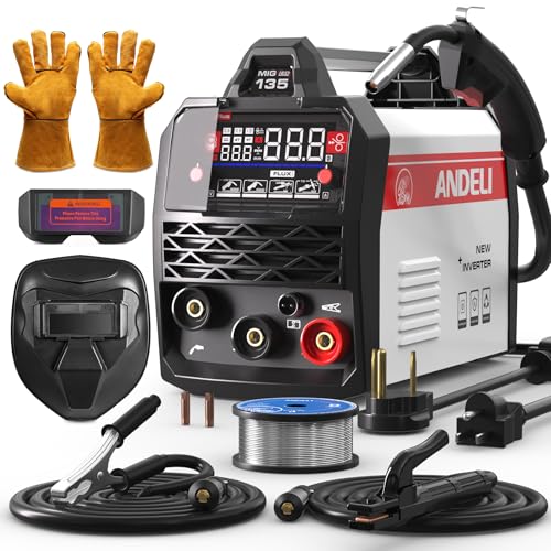 Image of ANDELI 135A MIG Welder,110V/220V [Large LED Display] 3-in-1 Welder Flux Core MIG/Lift Tig/Stick Multiprocess Gasless MIG Welding Machine with Synergy，2T/4T Full Kit (Bonus Welding Helmet & Gloves)