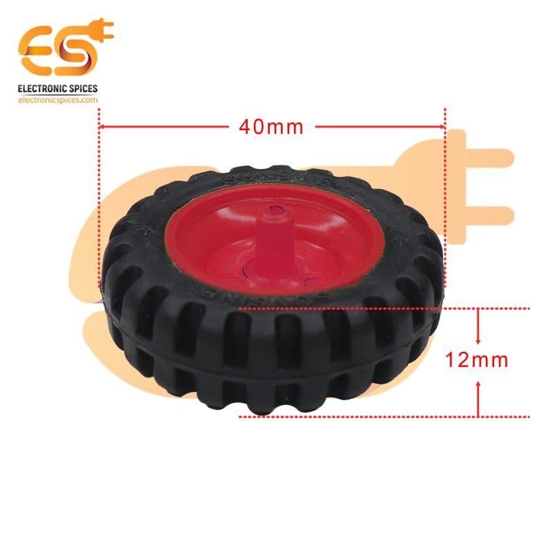 Electronic Spices 40mm x 12mm Red Robotics Toy Smart Car Wheel | Durable Plastic Tyre with Grip Pack of 10 Pcs 3