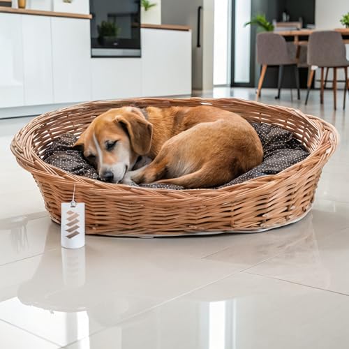 Wiklinowy Świat - Hundebett Weidenkorb Katzenbett für Hunde und Katzen, Weidenbett für Haustiere - Natürlich warm, atmungsaktiv und stilvoll - 75x53x17cm - gepunktetes braunes Kissen