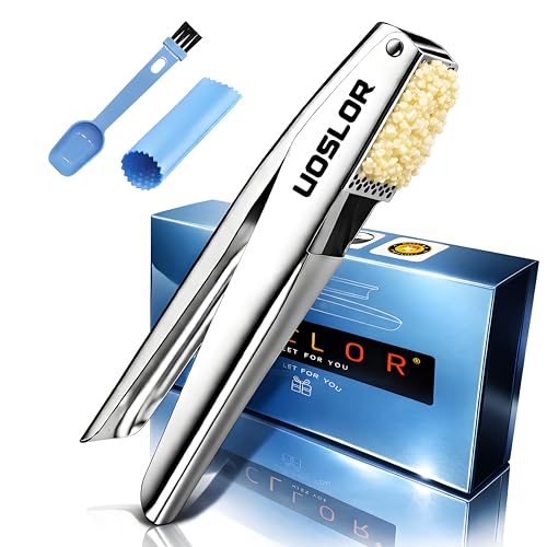 Image of UOSLOR Garlic Press Heavy Duty Mincer and Peeler Set, Rust Proof 304 Stainless Steel Garlic Crusher, Easy-Squeeze Nut Ginger Chopper, Dishwasher Safe Kitchen Gadget
