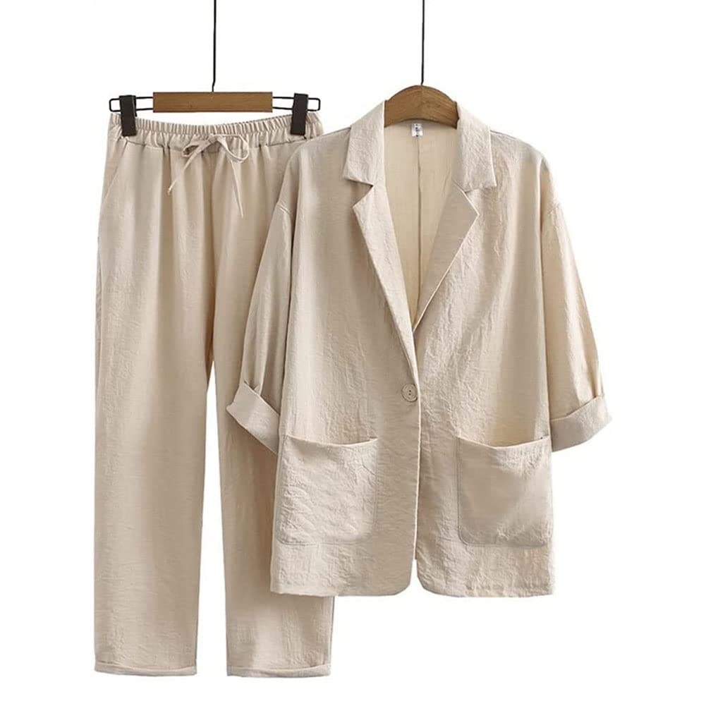 Femmes Costume Ensemble Plain Ensemble en Lin 2 Pièces Élégant Blazer Décontracté et Pantalon Habillé Travail Bureau d'affaires Casual Outfits Set
