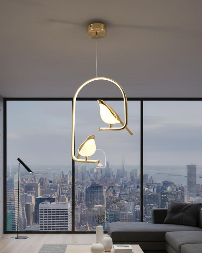 swanart Modern Dual Bird LED Pendant Light – Elegant Gold Finish Hanging Chandelier for Living Room, Dining, Bedroom & H