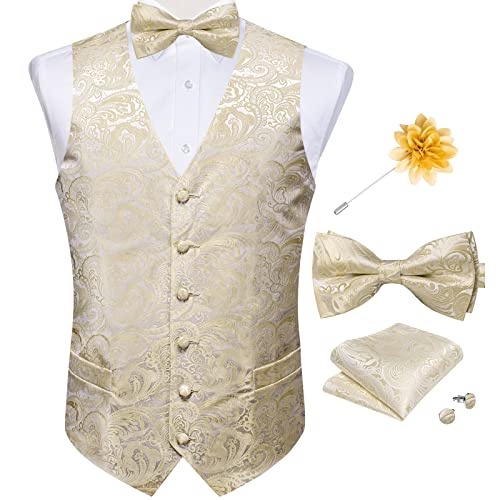 DiBanGu Mens Paisley Suit Waistcoat,Silk Dress Vest and Bowtie Pocket Square Cufflinks with Lapel Pin Set for Wedding Tuxedo