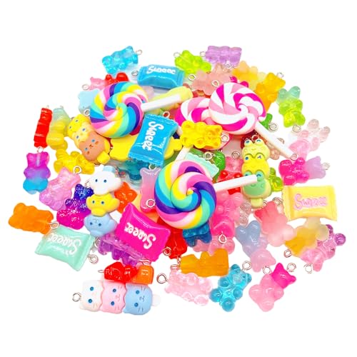 CHCUTEILD Bulk Assorted Candy Pendant Grandient 3D Gummy bear Charms for Jewelry Necklace Earrings Bracelet Art Craft Project Making (70pcs with hole)