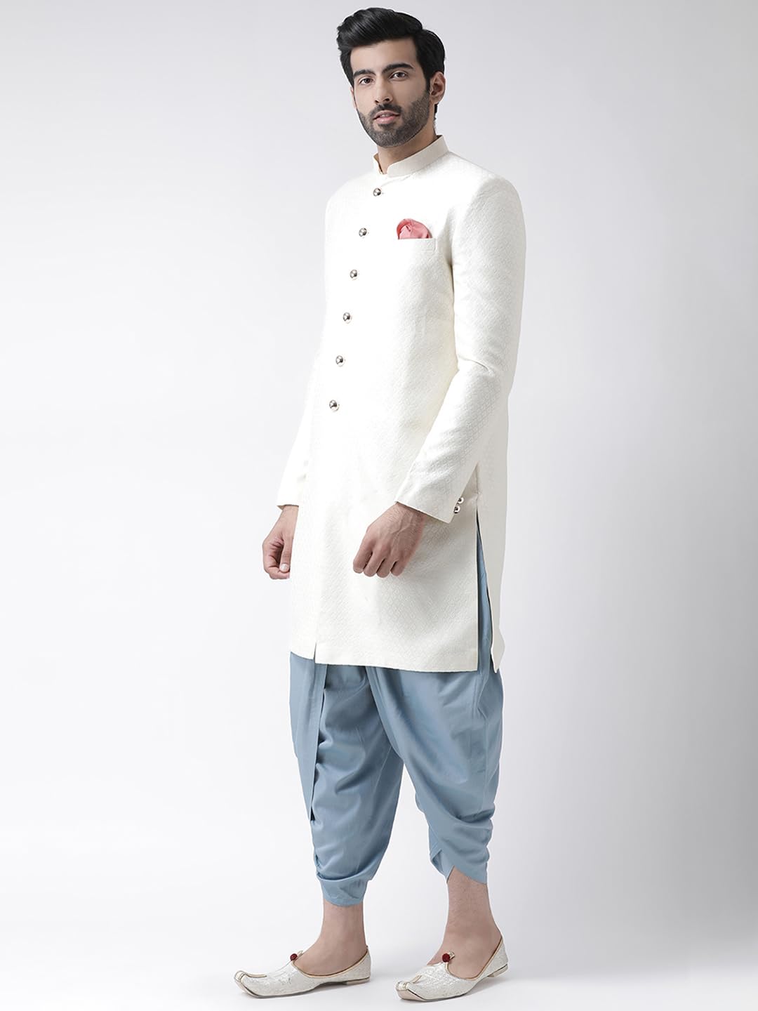 Kisah Men's Indo-Western Sherwani Dhoti Set, White Jacquard Woven Design Mandarin Collar Full Sleeves Regular Fit (M)