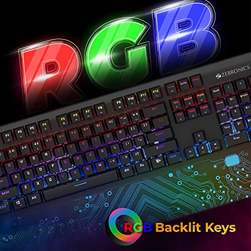Image of (Refurbished) ZEBRONICS Zeb-MAX Chroma Premium Mechanical Gaming Keyboard with 104 Tactile Switch Keys, Wrist Rest, 18 RGB LED Modes, Braided & Gold Plated USB Cable