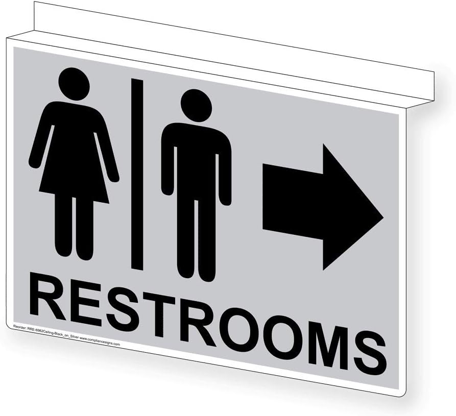 ComplianceSigns.com Restrooms Ceiling Sign, Projection-Mount 14x10 in. Aluminum for Bathrooms