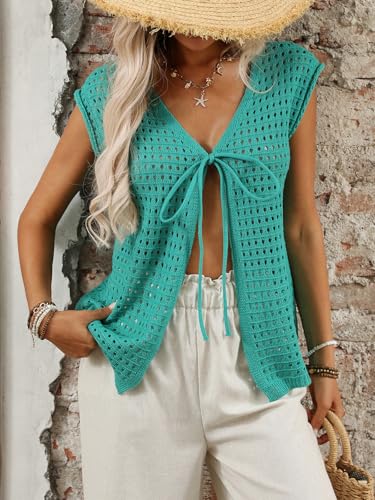 Wowcarbazole Womens Crochet Shrug Sweater Tie Front Knit Short Sleeve Cropped Lightweight Top Cardigan Sweaters Cover Up2