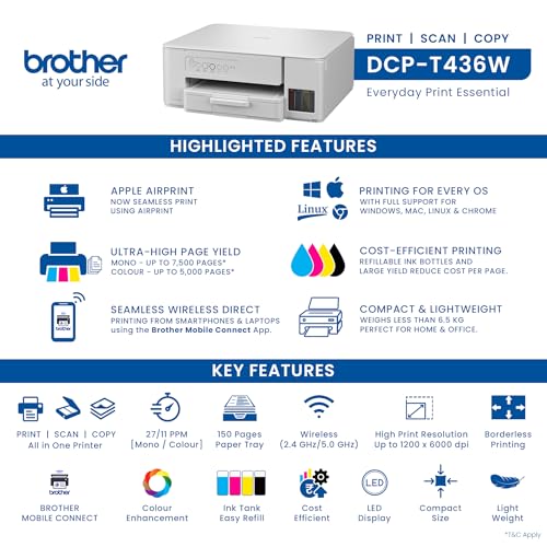 Image of Brother DCP-T436W (New Launch) WiFi Multifunction Print Scan Copy Ink Tank Color Printer Best for Home, 27 /11 PPM BK /CL, Print Upto 7.5 K Pages in Black & 5 K in Color Each for(CMY),Free Installation