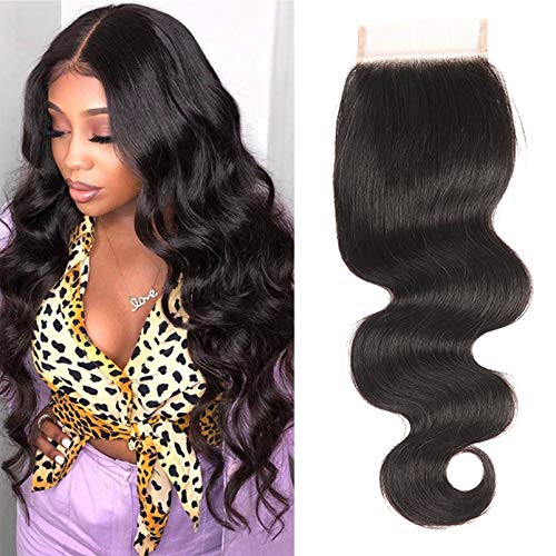 Body Wave Closure 4X4 Lace Front Human Hair 12 Inch Pre Plucked Bleached Knots Body Wave Closure For Women High Density 9A Grade Lace Closure With Baby Hair Natural Color