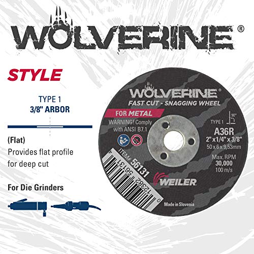 Image of Weiler 56131 2-Inch Cutting Wheel, Wolverine AO Steel /Metal Fast Cutting, Value Snagging, 1 /4 inch A36R Type 1 3 /8 inch Arbor (Pack of 40)
