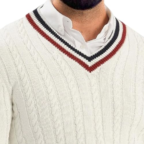 Men's Stripe V-Neck Long Sleeve Ribbed Knitted Slim Fit Pullovers Cable Knitted Cricket Jumper Top4
