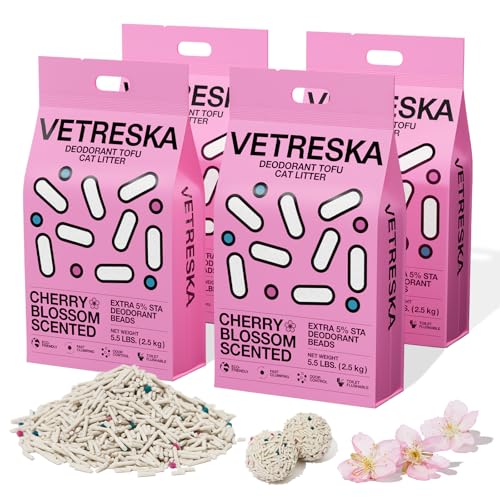 VETRESKA Cherry Blossom Tofu Cat Litter,Natural Pretty Kitty Litter Strong Clumping Flushable Cat Litter Pellets Ultra Absorbent,Dust-Free,Low Tracking,Deodorant Tofu Litter Compostable(5.5lb×4bags)