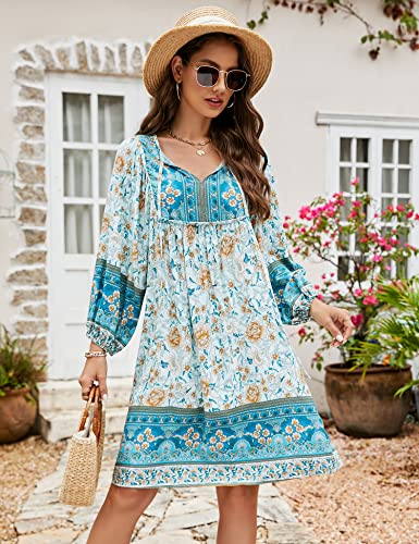 Image of Bluetime Women Casual Summer Dress Boho V Neck 3 /4 Sleeve Babydoll Floral Print Flowy Beach Dress
