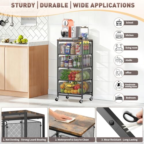 Image of SUNALLY Rolling Kitchen Cart with Drawers, 4-Tier Utility Cart Fruit Vegetable Storage Cart with Lockable Wheels, Wooden Top Metal Kitchen Storage Organizer for Cans, Snacks, Beauty, Craft, Art, Black