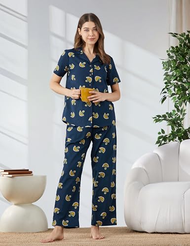 Image of Amazon Brand - Myx Women Cotton Shirt and Relaxed Pajama Set | Night Suit Set (Available in Plus Sizes)