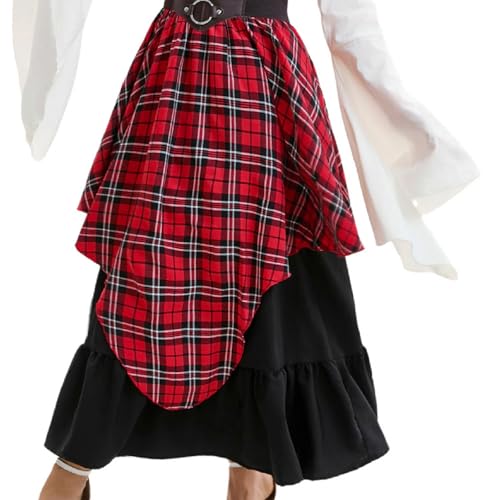 Womens Long Plaid Skirts High Waisted A Line Renaissance Maxi Skirt Halloween Vintage Layered Pirate Skirts4