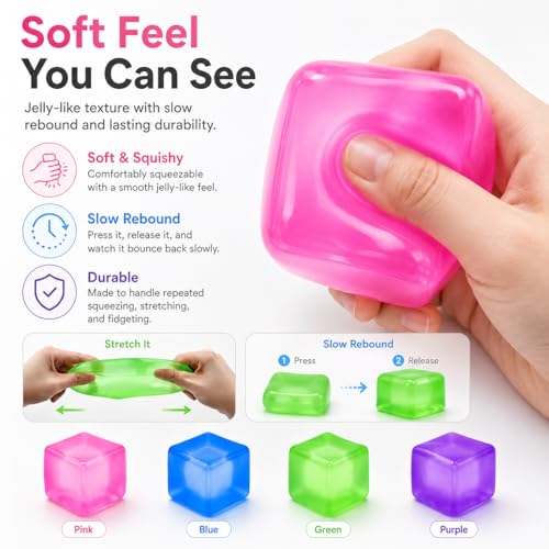 Stress Cube Squishy Toy, 1.97 Inch Slow Rising Fidget Stress Ball, Soft Squeeze Sensory Toy for Adults & Kids, Durable Leakproof Solid Color Cube, Gift-Ready for Office Classroom