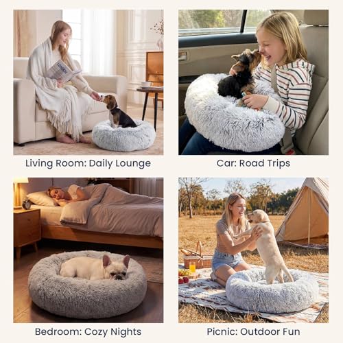 Image of JOLLYVOGUE Small Dog Bed, Calming Dog Beds for Small Dogs & Indoor Cats - 20 Inches Donut Washable Cat Bed for Kittens & Puppies, Round Fluffy Plush Faux Fur Pet Beds(Smoke Grey) (Pack of 2)