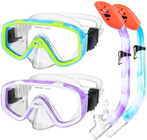 Kids Snorkel Set, Children Anti-Fog Diving Mask Swimming Goggles Dry Top Snorkel Equipment Snorkeling Packages Swimming Gear for Youth Boys Girls Age 5-10 (Blue Yellow+Purple White)