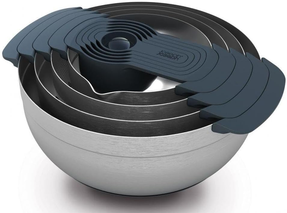 Nest 9 Plus, 9 Piece Compact Food Preparation Set with Mixing Bowls, Measuring Cups, Sieve and Colander, Stainless Steel