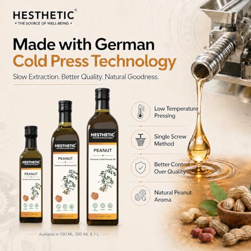 Image of HESTHETIC Cold Pressed Peanut (Groundnut) Oil 100ml | Pure Moongfali Ka Tel | Unrefined Food-Grade Cooking Oil, Rich in MUFA | Glass Bottle | Ideal for Indian Cooking