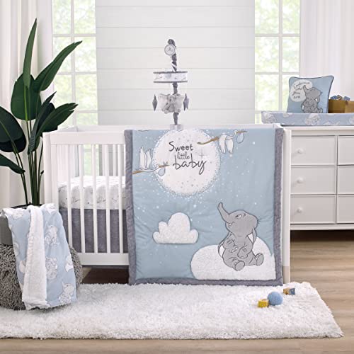 Image of NoJo Disney Dumbo Sweet Little Baby Light Blue, Gray, and White Storks, Stars, Clouds and Moon 3 Piece Nursery Crib Bedding Set - Comforter, 100% Cotton Fitted Crib Sheet and Crib Skirt