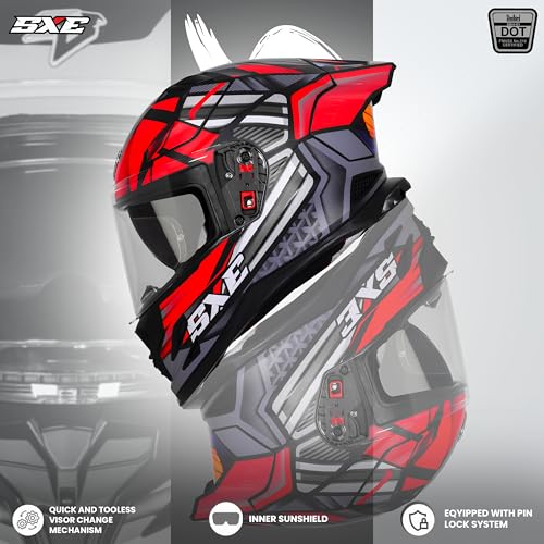 Image of Steelbird SBH-61 SXE X4 TPE ISI and Dot Certified Full Face Graphic Helmet for Men and Women with Inner Silver Sunshield (580 Medium MM, Glossy Black Red)