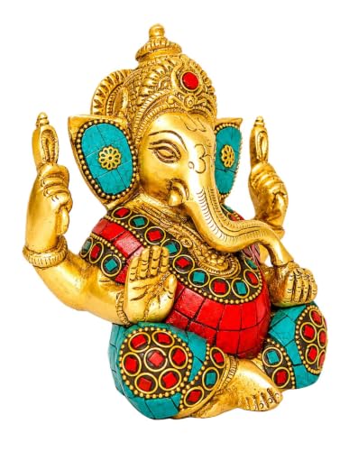 Image of Brass Ganesha Idol 5.5-Inch - Premium Ganpati Statue with Multicolour Stone Inlay for Health, Wealth, Prosperity and Home Decor