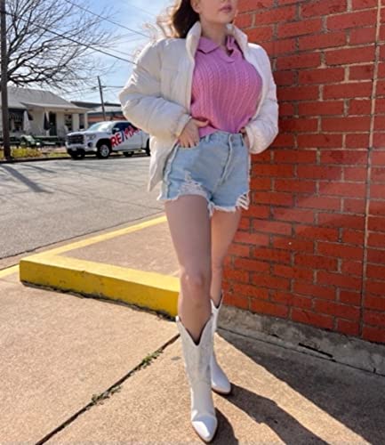 Richealnini White Cowgirl Cowboy Boots For Women Embroidered Low Stacked Thick Block Chunky Heeled Booties Western Country Pointed Toe Distressed Pull-On Wide Mid Calf Knee High Boots Size 8 #TOP5
