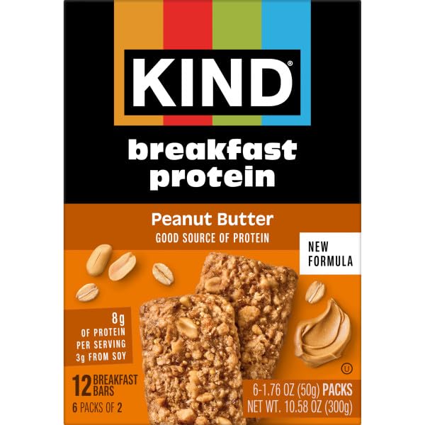 Image of KIND Breakfast Protein Bars, Peanut Butter, Gluten Free, Low Sodium, Healthy Snacks, 8g Protein, 6 Count (6 Packs of 2 Bars)