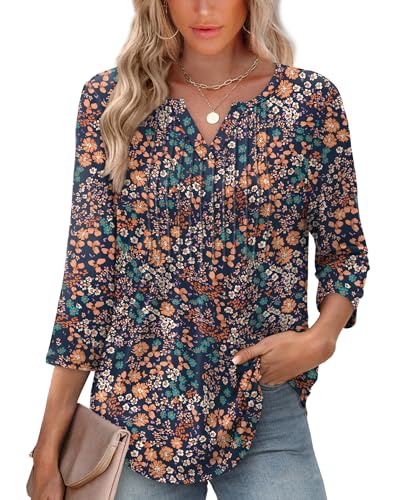 XIEERDUO 3/4 Length Sleeve Floral Summer Plus Tops for Women Dressy Pleated Shirts V Neck Tunic Tops and Blouses Fall Fashion Outfits Clothes 2025 F-Dark Blue Floral XL