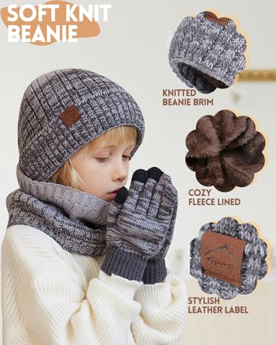 Image of Kids Winter Hat Gloves Scarf Set,Mixed-color Beanie hat Knit Neck Fleece Lining Touchscreen Gloves for Girls Boys 4-10Y