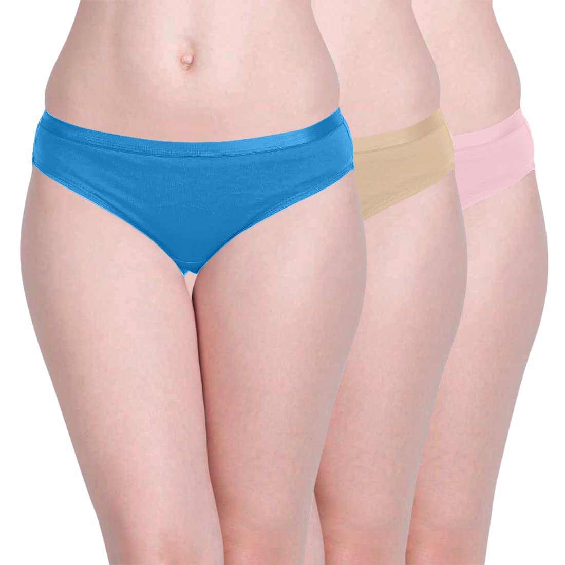 EasySoft  Womnes Comfortable Soft Silk Blend Mid Waist Hipster Panty in Turquoise Blue, Skin, Baby Pink (Pack of 3)