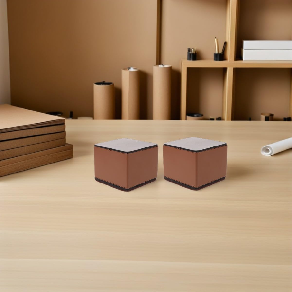 4pcs Self-Adhesive Square Furniture Riser Pads 2 Inch Carbon Steel | Felt Cushioning, Brown Finish, Desk and Sofa Use, Living Rooms and Bedrooms, Noise-free Protection